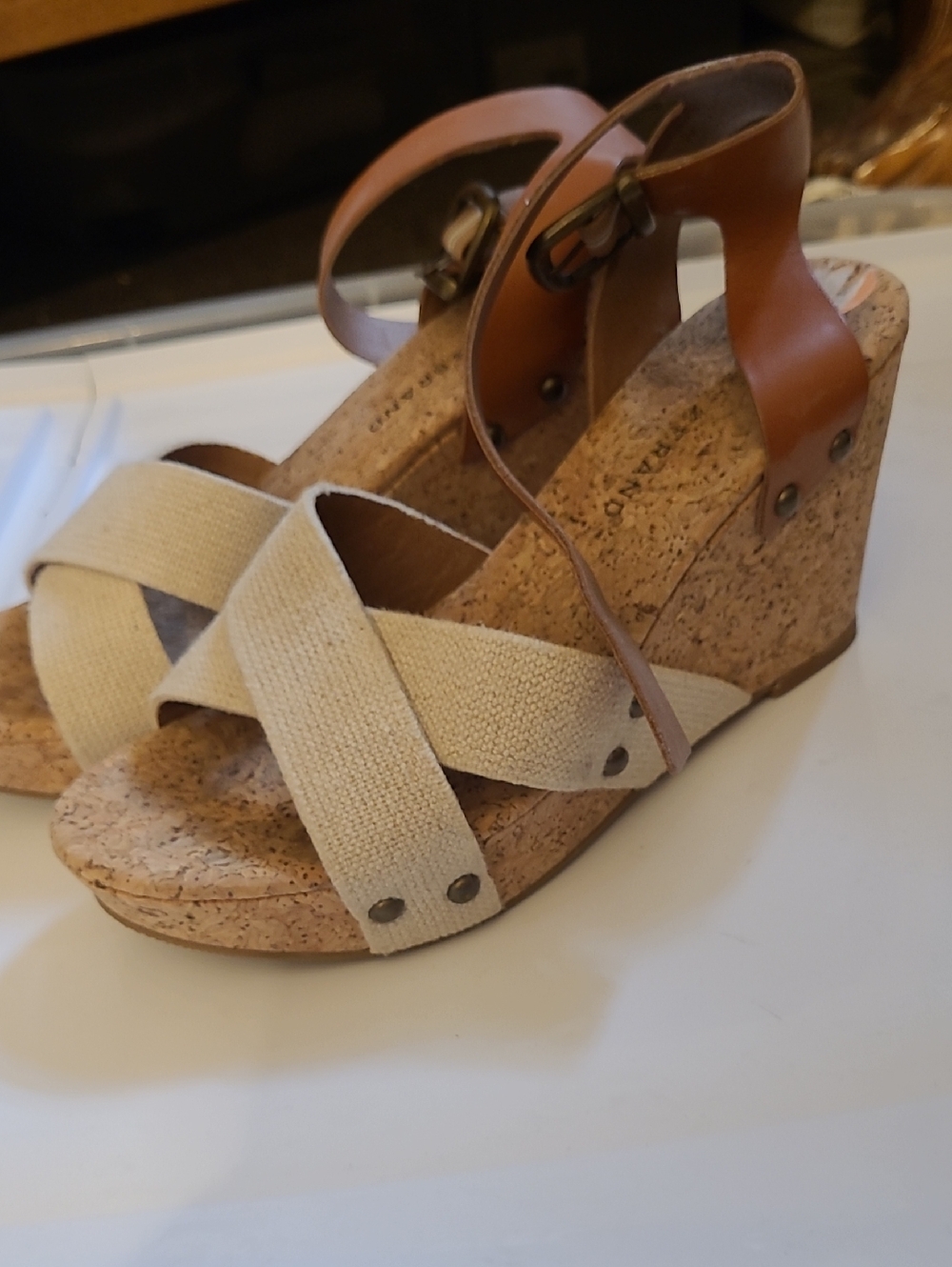 Lucky Brand Tan Cork Wedge Sandals with Leather Straps